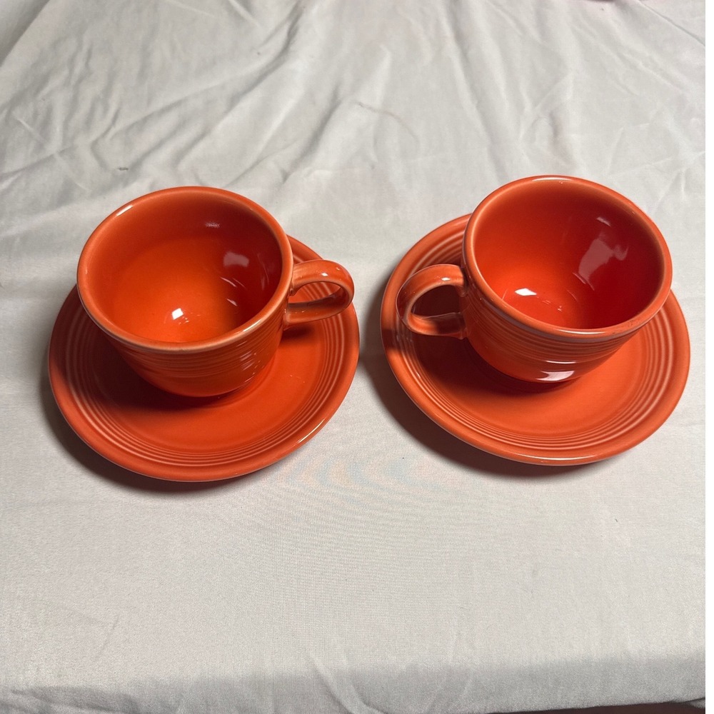 Fiesta Tea Cup Saucer Set Unisex OS Poppy Orange Excellent HLC Ring Handle 4pc
